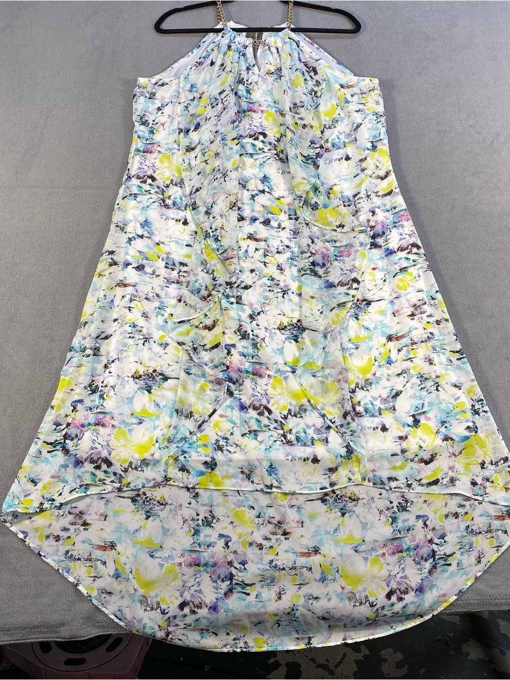 Thalia Sodi women’s white floral High-Low chain Halter shift dress, lined, XL